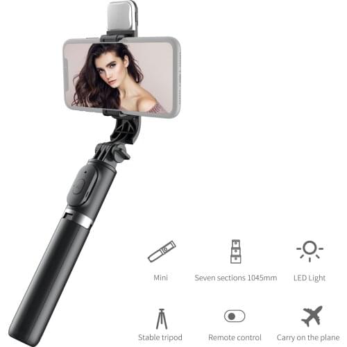 Q02S Wireless BT Selfie Stick Portable Extendable Tripod Stand with Fill Light 104.5cm Max. Length Remote Control for Vlogging
