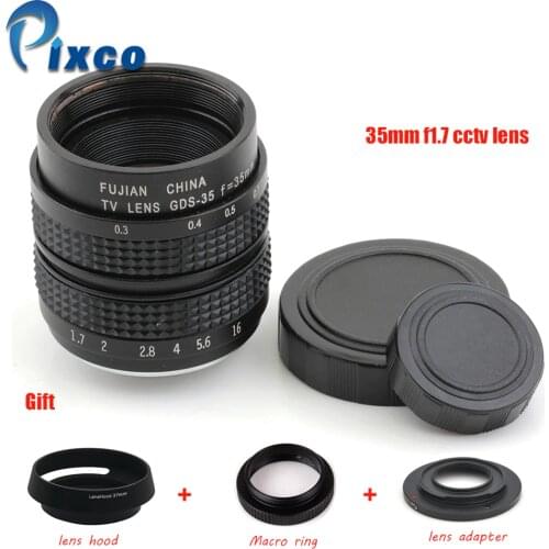 Pixco 35mm f/1.7 for Nikon 1 MICRO 4/3 For Pentax Q Nex FUJI FX CC TV Lens + Lens Hood + Macro Ring + C Mount to camera adapter