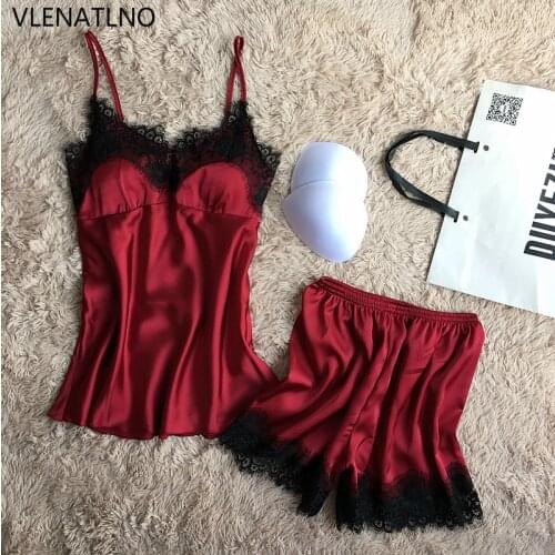 Sexy Ladies Silk Satin Pajama Set Lace Pyjama Set Sleeveless Pijama Set V-neck Sleepwear Summer Home Wear Sleep Wear For Women