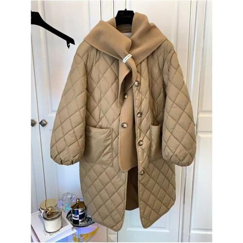 Scarf with Plaided Long Loose Vintage Parkas Coat Designer Luxury Female Clothing Autumn Winter Harajuku Kpop Elegent
