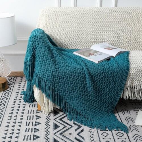 Blue Home Hotel Pure Cotton Bedding Office Sofa Knitted Cover Blanket With Tassel Tapestry For Bed Airplane Travel Decor Blanket