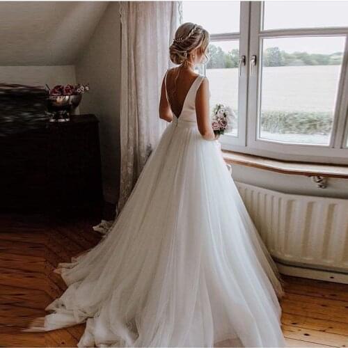 2019 Vestido de Noiva A Line Wedding Dresses Elegant Sleeveless Bride Dresses Backless Wedding Gowns Sweep Train Robe De Mariee