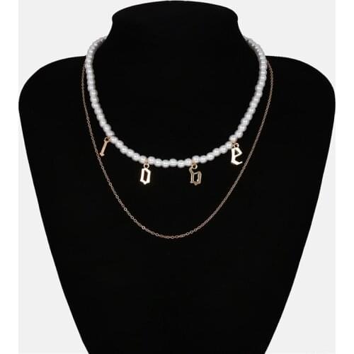 Temperament Pearl Chain Choker Necklace Women High Quality Love Letter Pendant Double Chain Necklace Jewelry
