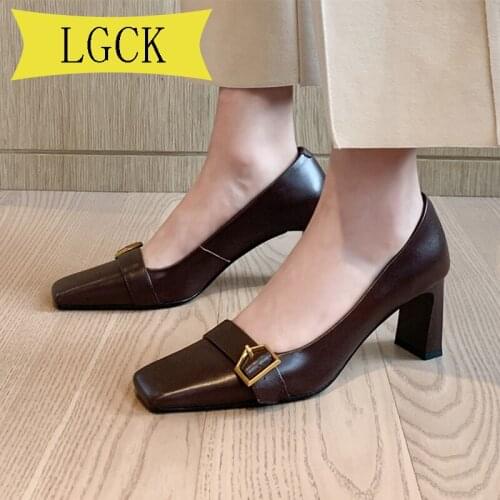 Plus Size 34-40 Fashion Brand Design Buckle Women Pumps Square Toe Slip on Work Shoes Low Heel Spring Autumn Party Wedding Shoes