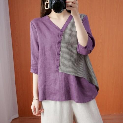 Johnature New Casual V-neck Women Shirts 2021 Summer Patchwork Striped Loose Button Purple Women Blouses