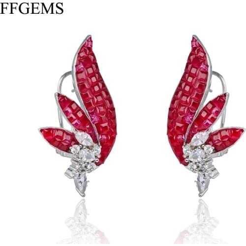 FFGems New Design 925 Silver Drop Big Earring Flower Created Nano Ruby Emerald Invisible Fine Jewelry Women Wedding Party Gift