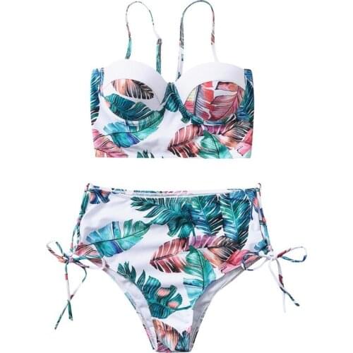OOTDTY Women Sexy 2pcs Leaf Print Bikini Set Underwire Swimsuit Tie Side Bathing Suit