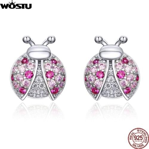 WOSTU 100% 925 Sterling Silver Ladybug Pink Zircon Stud Earrings Silver 925 Jewelry For Women Wedding Earrings Jewelry CQE715