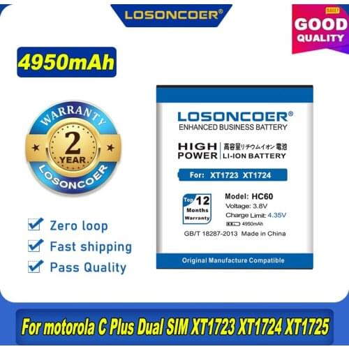 100% Original LOSONCOER 4950mAh HC60 Battery For Motorola C Plus Dual SIM XT1723 XT1724 XT1725