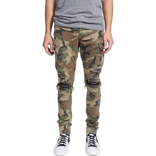 2021 New Streetwear Fashion Men Jeans Camouflage Military Big Pocket Denim Cargo Pants Slim Fit Hip Hop Ripped Punk Trousers