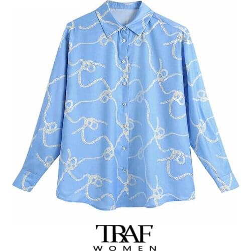 TRAF Za Women Fashion Chain Print Loose Fitting Blouses Vintage Long Sleeve Button-up Female Shirts Chic Tops