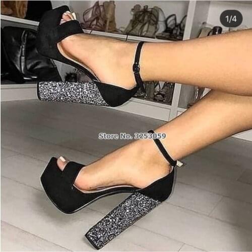 ALMUDENA Women Bling Bling Chunky Heel Sandals Sexy Platform Buckle Strap Wedding Shoes Glitter Heel Dress Sandals Dropship Sale