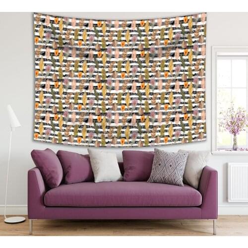 Tapestry Bird Feathers on Patterns Black and White Stripes Yellow Pink Brown Bright Colored Decorative Art