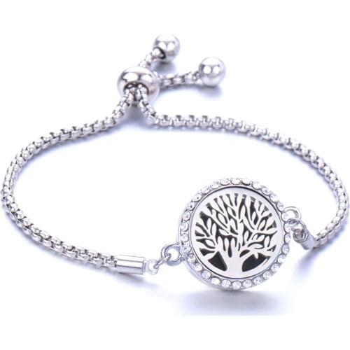 Hot Tree shape Full zircon Stainless Steel Aromatherapy Bracelet Adjustable Magnetic Essential oil Diffusing Bracelet for Women