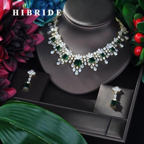 HIBRIDE Brilliant 2019 New Water Drop Women Wedding Jewelry Sets Cubic Zirconia Saudi Arabia Statement Necklace 2pcs Set N-89