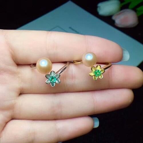 Natural Pearl ring with stone emerald 925 pure silver open ring female fashion style