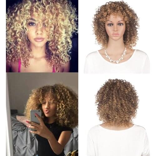T27/33 Color 14'' Short Afro Curly Hair Wig With Bangs Heat Resistant Fiber Kinky Curly Synthetic Hair Wigs For American African