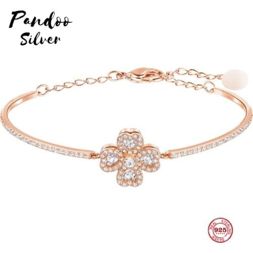 PANDOO Fashion Charm Pure 925 Silver Original 1:1 Copy, Small Fresh Lucky Four-leaf Clover Bracelet Female Luxury Jewelry Gifts