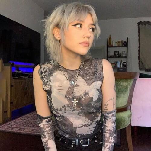 Mesh Print Fashion Fairy Grunge Crop Top with Sleeves Street Wear 90s Aesthetic Tops Graphic T Shirts Y2k Clothes