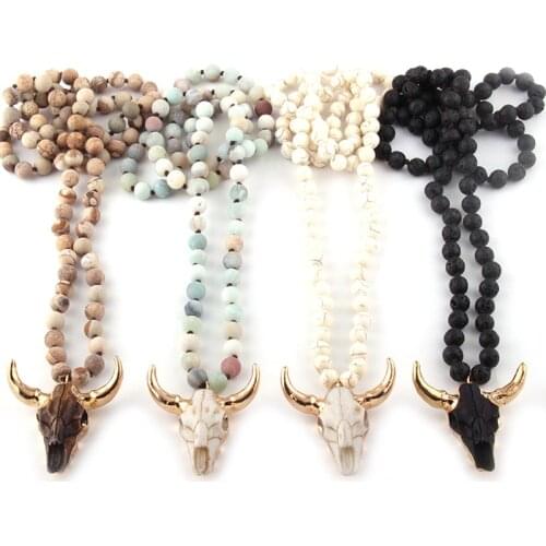 MOODPC Fashion Bohemian Jewelry Stone Knotted 3 Color Horn Pendant Necklace For Women Ethnic Necklace