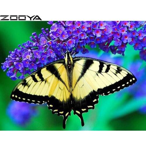 ZOOYA Diamond Embroidery DIY Diamond Painting Mosaic Pictures Rhinestone Painting Black And Yellow Butterfly Purple Flowers R639