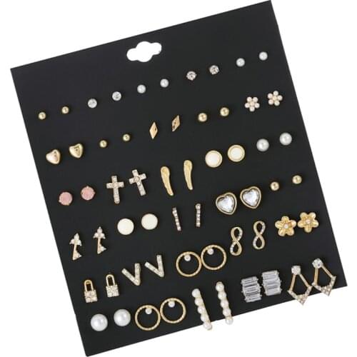 30 Pairs/set Fashion Pearl Flower Earrings For Women Cute Rhinestone Heart Lock Key Small Stud Earrings Set Gold Alloy Earring