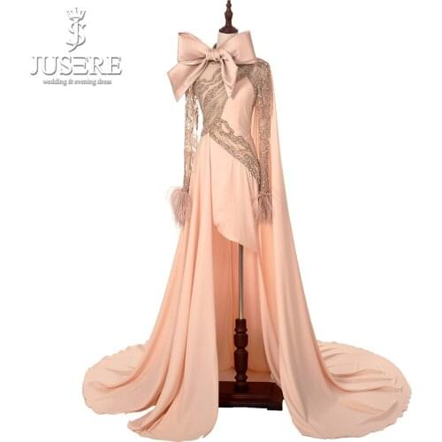 Long Sleeves Blush High Low Celebrity Dresses Golden Crystal Beading Embroidery Appliques Formal Evening Feather Party Gowns