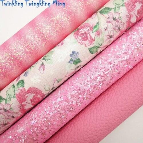 Pink Glitter leather, Stripes Flowers Printed Faux Leather, Litchi Synthetic Leather For Bow A4 21x29CM Twinkling Ming KM225