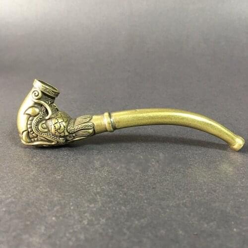 Collectable Chinese Brass Carved Dragon Head Pipe Dragon Phoenix Pipe Tobacco Pouch Exquisite Small Statues