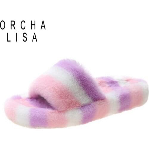 2021 New Winter Rainbow Multicolored Sandals Luxury Designer Womans Slippers Fur Flip Flops Slides Platform Plush Massage 42