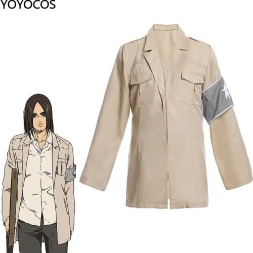 YOYOCOS Eren Jaeger Cosplay Mikasa Ackerman Attack on Titan Cosplay Costume Off-white Trench Red and Gray Armband Halloween New