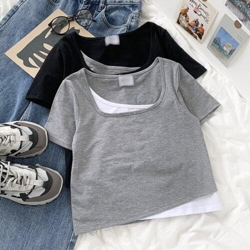 Spell color fake two piece summer square neck slim-fit short section wild short-sleeved T-shirt