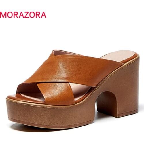 MORAZORA 2021 New Brand summer high heels shoes sheepskin fashion platform women slippers brown beige color mules shoes