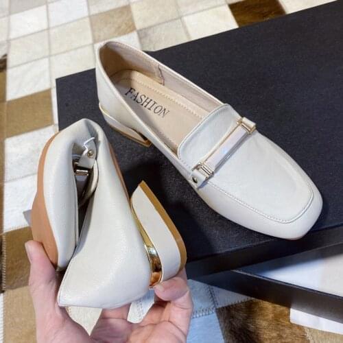 2021 Autumn White Black Leather Shoes Spring Slip on Oxfords Square Toe Mid Heels Casual Sandals Women Pumps