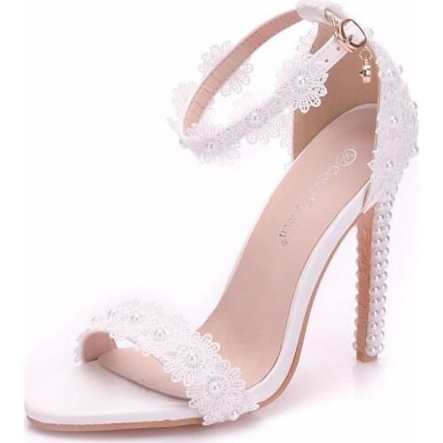 Women sandals wedding Party Lace PU Rhinestones Buckle Strap 11CM Thin High heels Round Toe sandal women shoes 2020 size 35-42