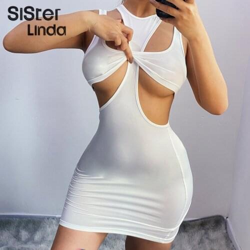 Sisterlinda Sexy Cut Out 2 Piece Dress Sets Women Summer Sleeveless White Black Tops+Mini Dress Bodycon Bandage Matching Outfits