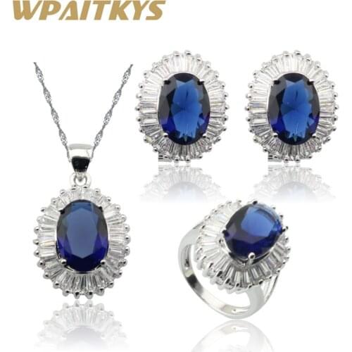 Blue Crystal White CZ Silver Color Jewelry Sets For Women Daily Gift Necklace Pendant Hoop Earrings Rings Free Box