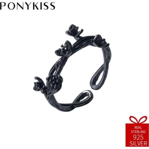PONYKISS Cute 100% 925 Sterling Silver Resizable Opening Branch Leaf blossom Ring Fine Jewelry Women Engagement Creative Gift