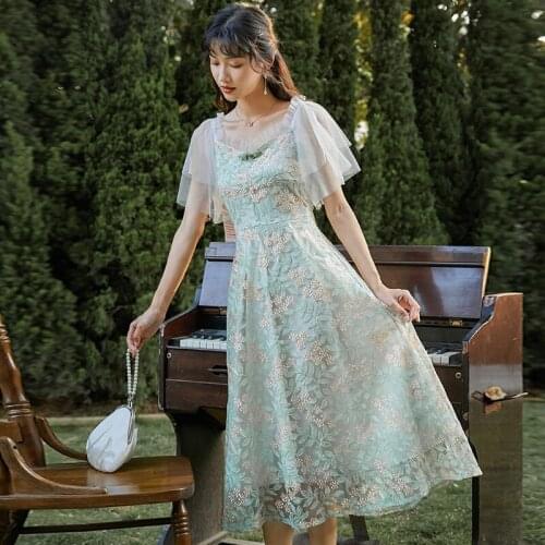 Vintage Flower Embroidery Sweet Dress Women 2021 Summer New Mesh Stitching Lotus Leaf Sleeve Square Collar Elegant Fairy Dress