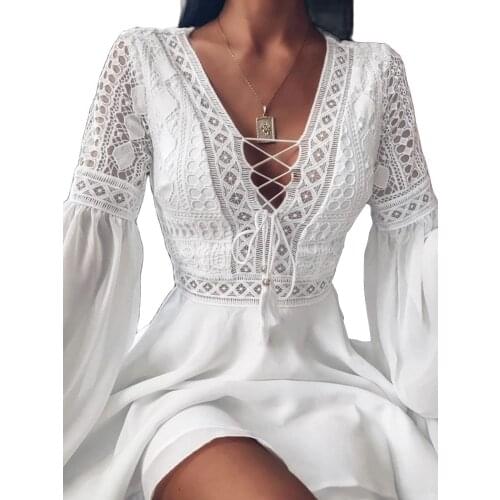 Sexy Night Club Dress Lace V-Neck Mini Dress 2021 Summer Flare Long Sleeve Chiffon Elegant Women Hollow Out Party Dresses