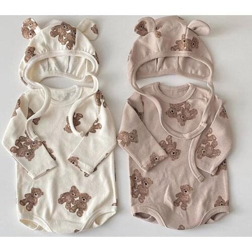 201 Autumn Newborn Baby Bodysuits Cute Bear Print Boys Long Sleeve Jumpsuit With Bear Ear Hat Baby Girl Cotton Clothes 0-24M