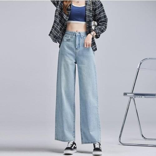 2021 Autumn Womens Fashion Loose Wide Leg Pants Vintage High Waist Washed Straight Jeans Female Denim Trousers Mujer P192