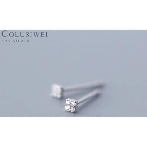 Colusiwei Real 925 Sterling Silver Sparkling CZ Square Geometric Tiny Stud Earrings for Women Trendy Silver Jewelry Kids Gift