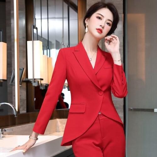 Long Sleeve Formal Uniform Designs Pantsuits for Office Ladies Professional OL Styles Autumn Winter Blazers Set Elegant Red