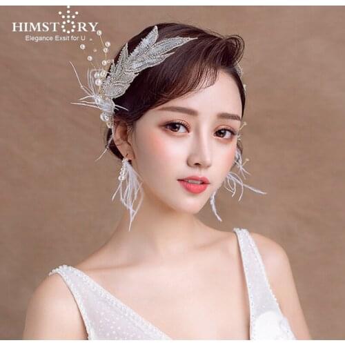 HIMSTORY Elegance New Feather Leaf Wedding Headpiece Hairpins Handmade Rhinestone Bridal Hair Accessories Jewelry