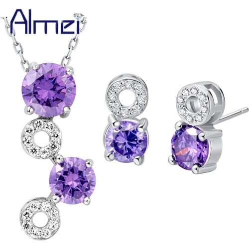 Almei Round Silver Lady Wedding Jewelry Sets Brides Necklace Earrings Women Ornamentation Bijoux Mariage Purple Stone Set T392