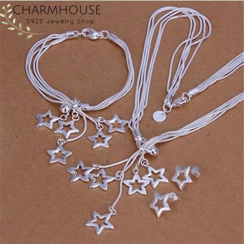 Charmhouse Silver 925 Jewelry Sets For Women Stars Stud Earrings Bracelet Necklace 3 pcs Costume Jewelry Accessories Bijoux
