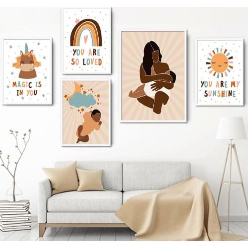 Mother Child Rainbow Unicorn Sun Moon Baby Room Wall Art Canvas Painting Nordic Posters And Prints Wall Pictures Kids Room Decor