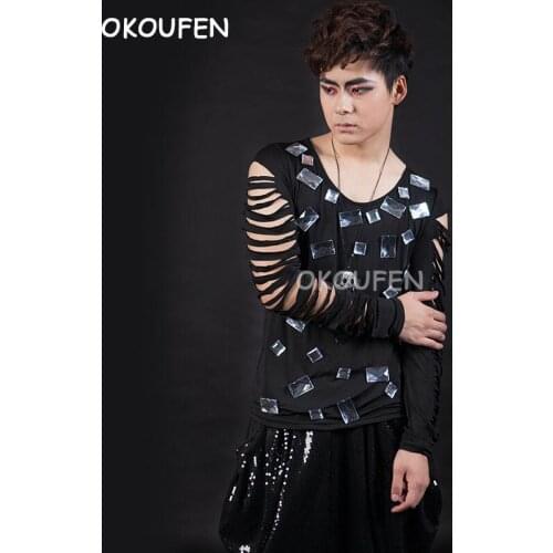 Mens slim long sleeve hole t-shirt nightclub ds stage costumes tide male original design mens vest