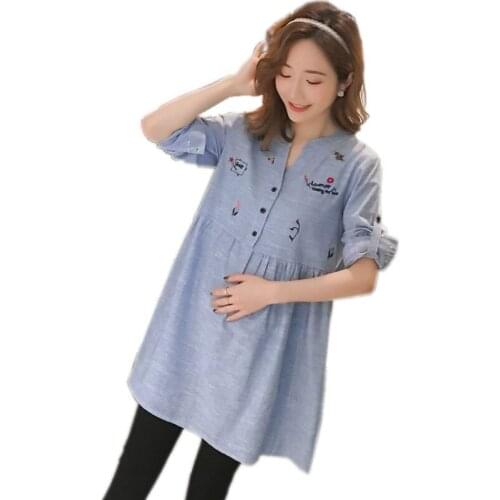 New Maternity Dress For Pregnant Women Dress Embroidery Long Sleeve Striped Pregnancy Dresses Fashion V Neck Maternity Dresses